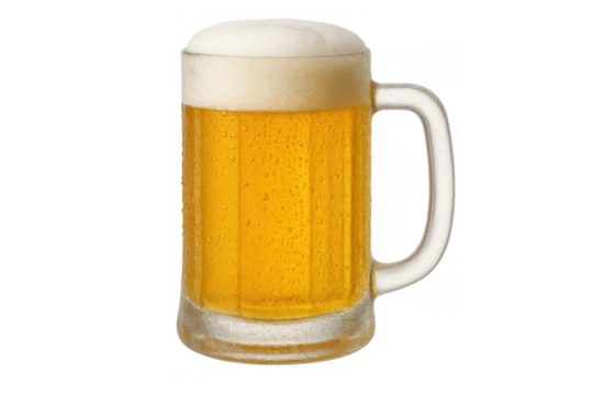 Mug of chilled golden beer with a frothy head and condensation, a refreshing alcoholic beverage. Transparent background - Powered by Adobe