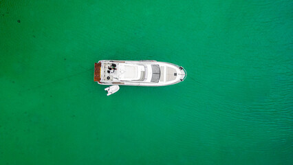 Luxury Boat Speedboat Yacht Tropical Paradise Beach Blue Sea Atlantic Ocean Coast Atlantic Forest Angra Dos Reis Rio De Janeiro Brazil South America Idyllic Heavenly Summer Colorful Saturated Green