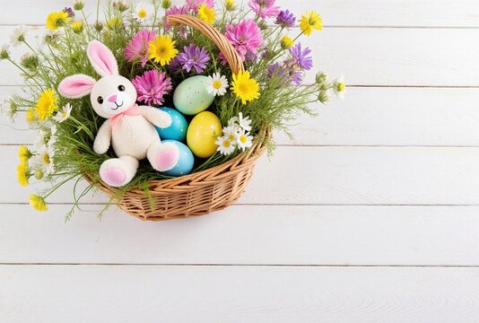 easter basket with plush bunny, colorful eggs and spring flowers on white wooden background