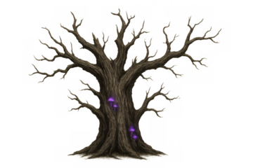 Bare tree with twisted branches and glowing purple mushrooms on its trunk. Fantasy forest or halloween theme. Transparent background