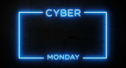 Stunning neon blue 'Cyber Monday' sign glows vibrantly against a dark textured background, perfect for digital sales promotions and online retail announcements