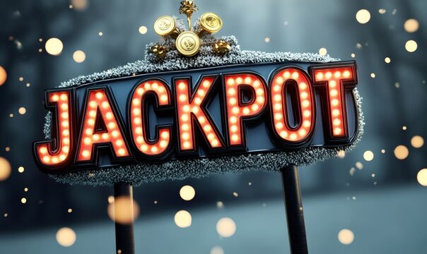 Jackpot sign illuminating with warm red lights, surrounded by festive bokeh, symbolizing luck, win, success, and gambling - Powered by Adobe