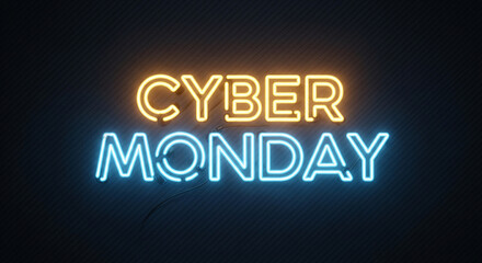 Dynamic neon sign glowing with vibrant 'Cyber Monday' text, perfect for online sales promotions, retail advertising, and digital marketing campaigns, creating immediate excitement and urgency for shop