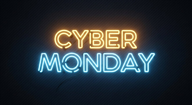 Dynamic neon sign glowing with vibrant 'Cyber Monday' text, perfect for online sales promotions, retail advertising, and digital marketing campaigns, creating immediate excitement and urgency for shop
