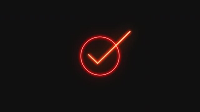 neon glowing neon checkmark sign, red tick, glowing check animation with alpha channel, decision or verification status approved, tick animation, infographic or element for completion of tasks. Done.