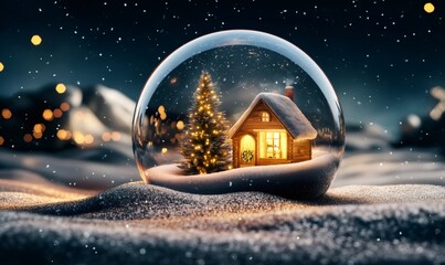 Charming winter wonderland scene inside a snow globe, featuring a illuminated log cabin and decorated christmas tree under falling snow