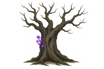 Gnarled fantasy tree with glowing magic mushrooms, branching roots, mystical forest design object on transparent background