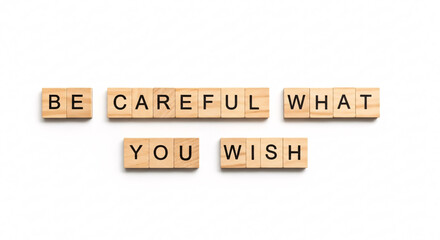 Wise words of caution, "Be careful what you wish" spelled out with classic wooden letter tiles, a timeless reminder for personal growth and mindful aspirations.
