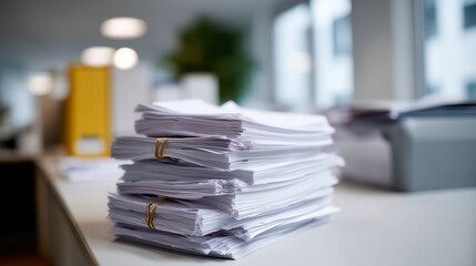 Huge stacks of paper documents piled up in an office, representing bureaucracy, paperwork overload, and administrative chaos. The tall piles of printed sheets are tied with rubber