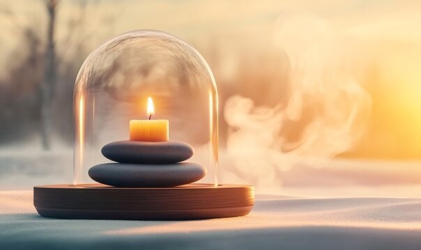 Burning candle on stacked zen stones under glass dome, creating tranquil balance and calm in a snowy winter landscape