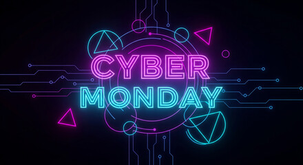 Sleek neon 'Cyber Monday' text glows amidst futuristic circuit board design with geometric shapes, perfect for digital sales and tech promotions.