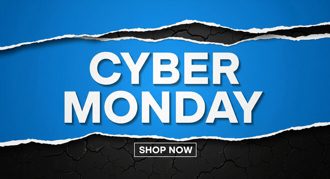 Unleash Incredible Savings This Cyber Monday with a Bold 'Shop Now' Call to Action on a Striking Blue and Black Background for Unbeatable Deals!