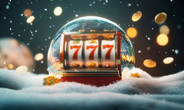 Slot machine with three sevens winning a jackpot, enclosed in a snow globe on a snowy surface with falling coins and bokeh lights