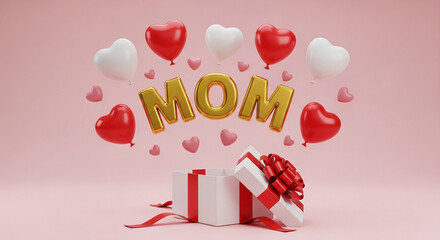 Happy Mothers Day Background Design with Heart Balloons and Present for Celebrations