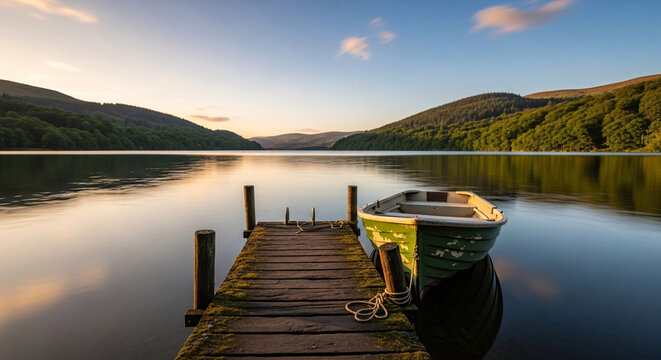 Serene lake at dawn with a tranquil wooden dock and a lone boat, inviting peaceful contemplation and escape into nature's embrace.