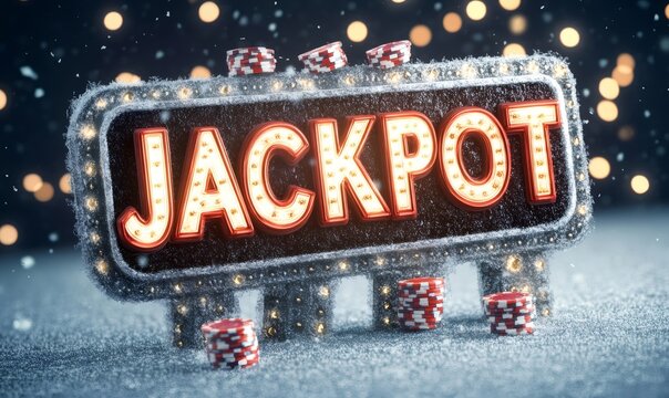 Jackpot sign illuminating a snowy surface, surrounded by falling snow and stacks of casino chips, creating a festive winter gambling theme - Powered by Adobe