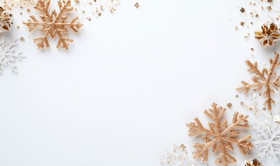 Gold and silver glittering snowflakes with sparkling confetti on a white background, creating a festive winter holiday frame