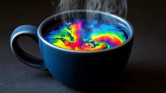 Medium shot of a steaming mug revealing vibrant thermochromatic color patterns as heat activates the ink highlighting a creative temperaturesensitive design.