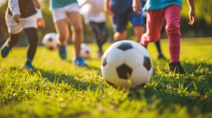 Small group of faceless children warming up with soccer balls, teamwork scene, grassy field.