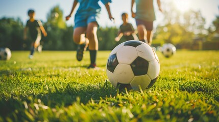 Small group of faceless children warming up with soccer balls, teamwork scene, grassy field.