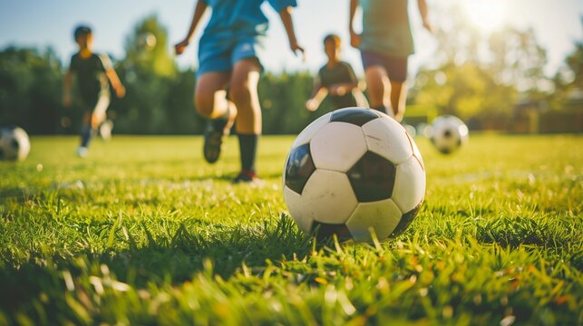 Small group of faceless children warming up with soccer balls, teamwork scene, grassy field. - Powered by Adobe