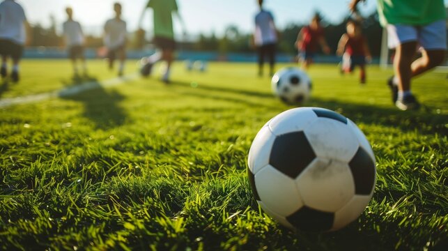 Small group of faceless children warming up with soccer balls, teamwork scene, grassy field.
