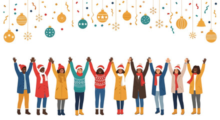 Diverse Group of People Celebrating Christmas Together Holding Hands.
