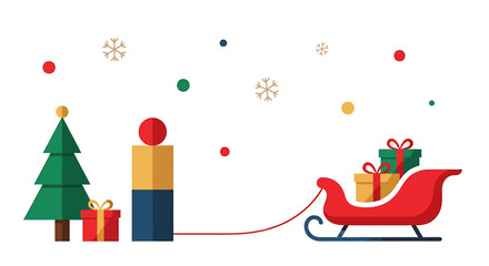 Fototapeta premium Festive Christmas Scene with Tree, Gifts, and Sleigh Illustration.