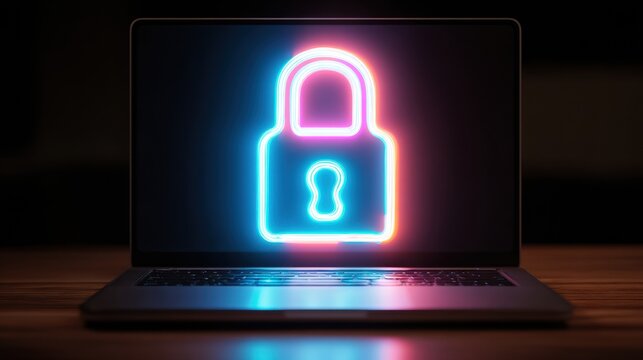 Neon Glowing Padlock Hologram Appearing From Laptop Screen Symbolizes Online Security and Data Protection