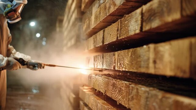 Medium shot of a technician applying hightemperature heat treatment to timber enhancing durability and resistance against decay in wood preservation processes