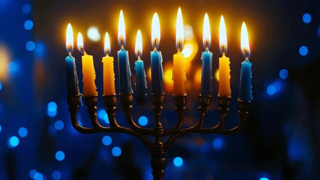 Lit Hanukkah Menorah with Blue and Yellow Candles Against Festive Bokeh Background