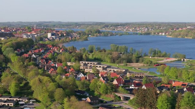 Summer panorama of Viborg, Midtjylland, Denmark. Aerial skyline view of the old town. Viborg ancient cathedral in the middle of Denmark, Traditional danish architecture. Street in Viborg, 