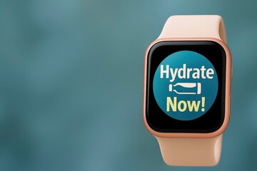 A smart watch displays a reminder to hydrate now, emphasizing the importance of drinking water. The background is a soft blue, enhancing the tech theme.