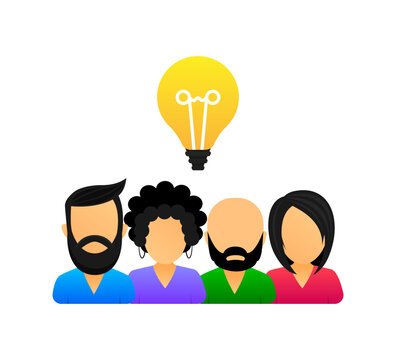 Teambuilding. Entrepreneurship concept. Presentation their startup idea to a small team. Team opinion, new idea concept, business people discuss with lightbulb. Vector illustration.