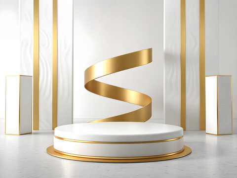 A luxurious modern display scene featuring a circular white podium with a glossy golden base
