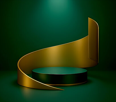 A luxurious modern display scene featuring a circular white podium with a glossy golden base