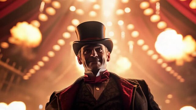 Charismatic Showman in Top Hat Smiles on Stage with Dramatic Lights and Fire Bursts