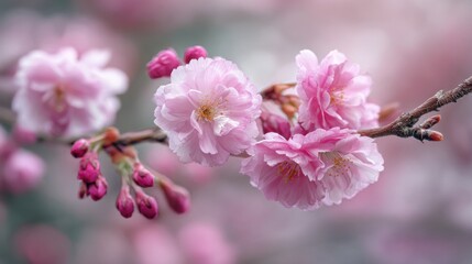 Fototapeta premium Pink cherry blossoms and buds create a serene spring scene highlighting natures beauty and renewal.