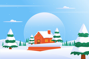 A charming winter snow globe featuring a cozy house and pine trees, set against a snowy landscape with blue skies and falling snow. Vector illustration.