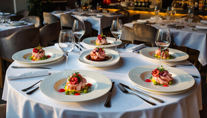 Fototapeta premium Elegant Restaurant Dining Table with Exquisite Dishes