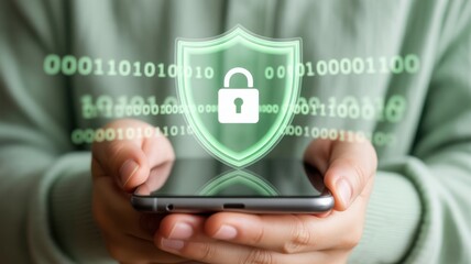 Secured mobile phone with cyber security shield. Digital data security and protection concept