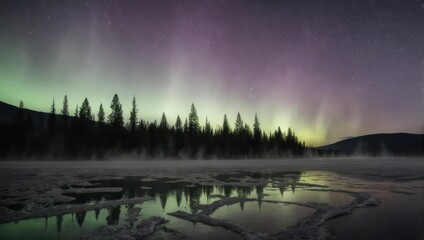 Aurora Borealis Shimmers Over Frozen Landscape with Pine Forest Reflection.