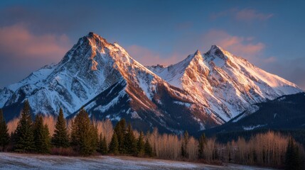 Obraz premium Snow covered peaks stand tall against a vibrant sunset creating a stunning natural scene.