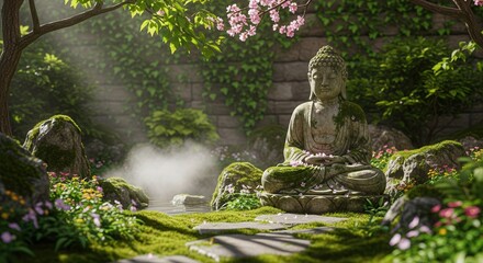 Serene zen garden with buddha statue and misty waterfall