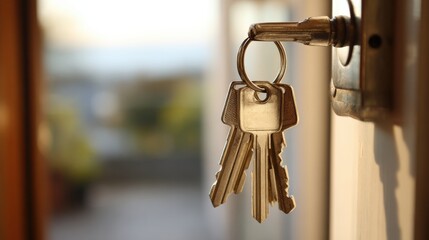 Close-up of Keys in Lock Signifying Independence, Family Life, and Real Estate Journey at Home Entrance