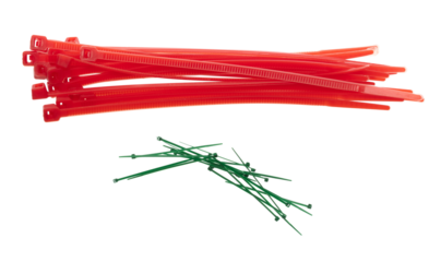 Plastic Cable tie in red to hold cable together or wrap around things for electrician, maintenance, repair man. Close up Plastic Cable tie small size, white background isolated