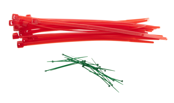 Plastic Cable tie in red to hold cable together or wrap around things for electrician, maintenance, repair man. Close up Plastic Cable tie small size, white background isolated