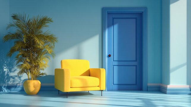 A vibrant yellow armchair is positioned in a serene blue room filled with natural light.
