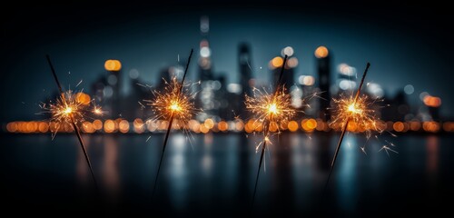 City skyline is lit up with fireworks. The fireworks are lit up in the night sky and are scattered throughout the city