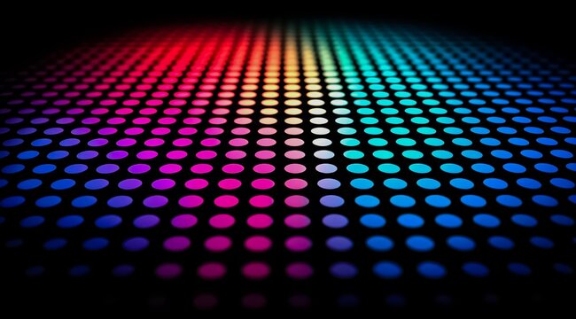 Colorful pattern of dots on a black background. The dots are of different colors and sizes, creating a vibrant